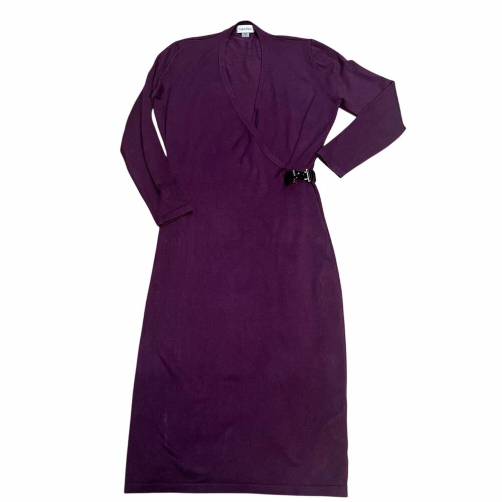 Calvin Klein Burgundy Faux Wrap Sheath Dress 3/4 Sleeve Size S Career Midi - Picture 3 of 7